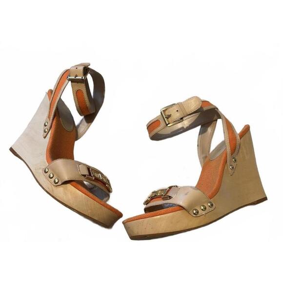 Lauren Ralph Lauren Shoes - Ralph Lauren Beige and Orange Wedge Sandals Buckle Straps 7